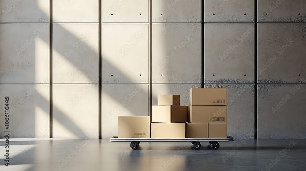 Poster stacked cardboard boxes on modern logistics trolley clean minimalist composition with subtle shadows emphasizes efficiency and organization in warehouse setting