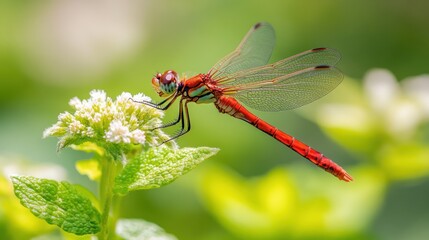 Red Dragonfly Perched on a White Flower