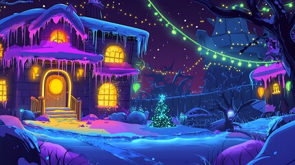 Obraz premium A Magical Winter Night with a Cozy Cottage and Christmas Tree.