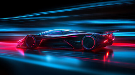 sleek hypercar concept with biomimetic design active aerodynamics and luminescent quantum dot paint glowing in a wind tunnel