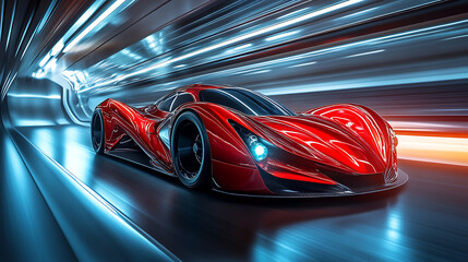 sleek hypercar concept with biomimetic design active aerodynamics and luminescent quantum dot paint glowing in a wind tunnel