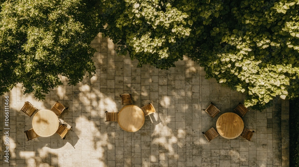 Poster overhead view of three wooden tables and chairs on a patio