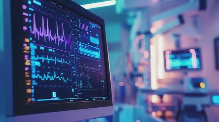 Obraz premium Healthcare technology devices with vibrant data, sleek modern design, soft lighting, high-tech healthcare vibe