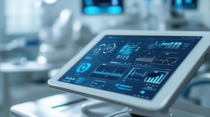 Fototapeta premium Healthcare technology devices with vibrant data, sleek modern design, soft lighting, high-tech healthcare vibe