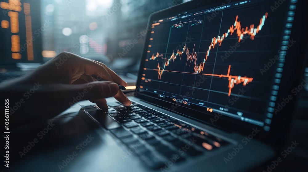 Poster closeup of a hand typing on a laptop displaying a stock market graph