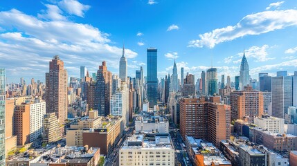 Fototapeta premium Aerial View of Midtown Manhattan Skyline with Blue Sky and Clouds