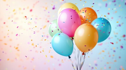 Colorful Balloons and Confetti Celebration on Pastel Background for Festive Occasions and Party Themes