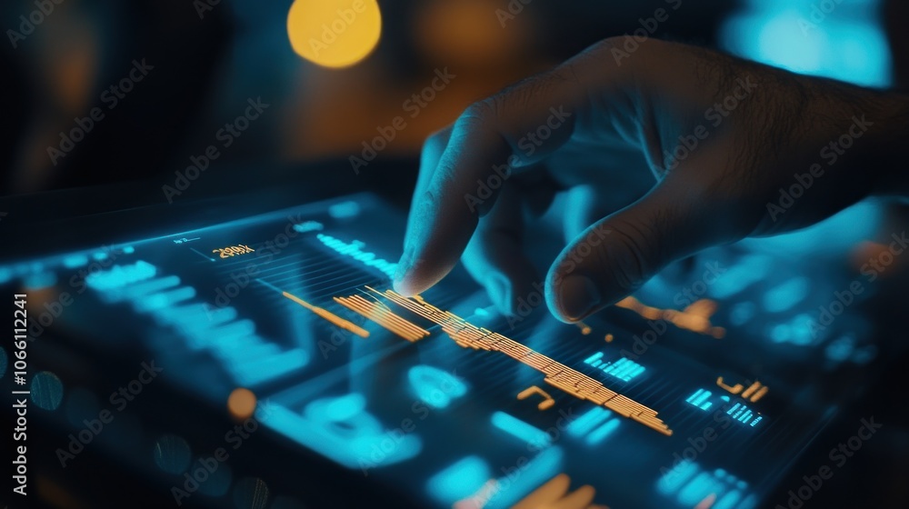 Poster Hand Interacting with a Digital Interface Showing Data and Graphs