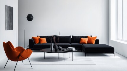 Minimalist Living Room with Black Sofa, Orange Chair, and White Walls
