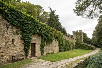Obraz premium A historic stone wall with ivy climbing the stones forms a charming rustic background, scenery, stone, ancient, outdoor