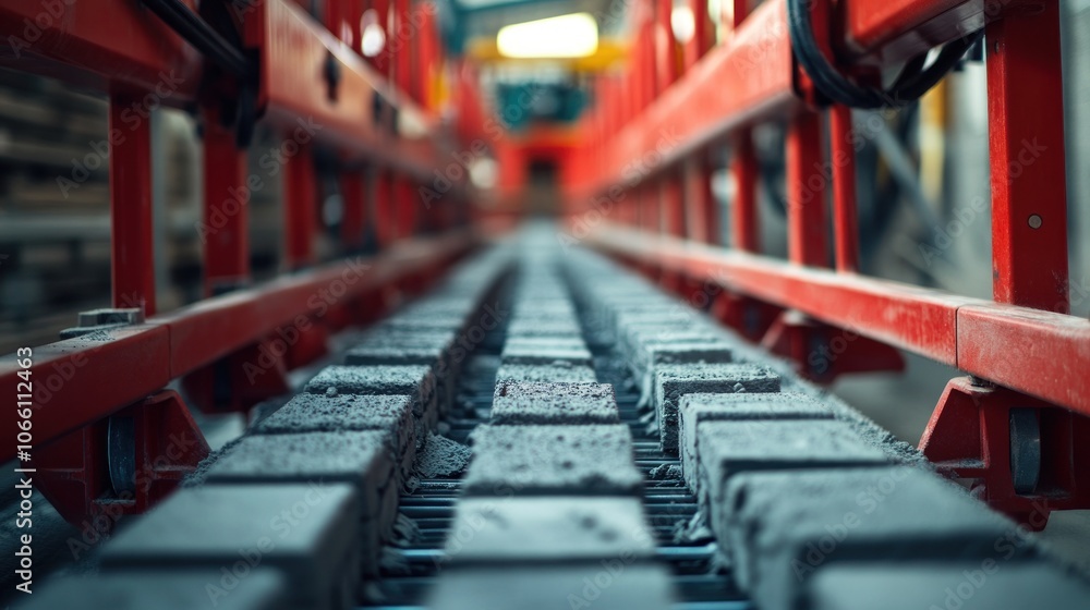Poster A close-up view of bricks moving on a conveyor belt in a factory.