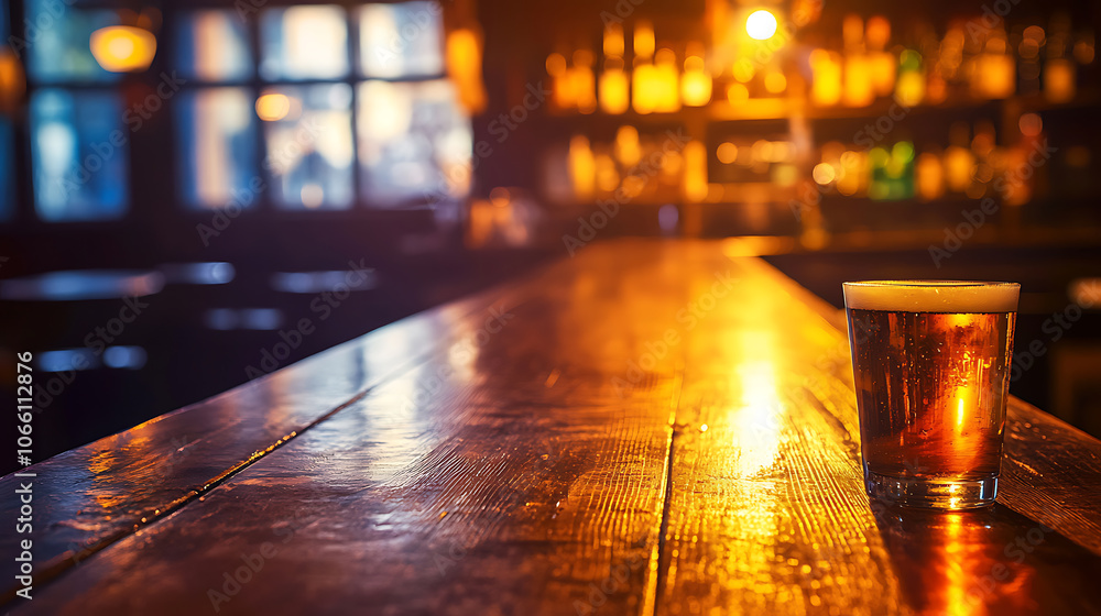 Aufkleber rustic wooden bar counter in dimly lit pub interior warm amber lighting highlighting wood grain empt