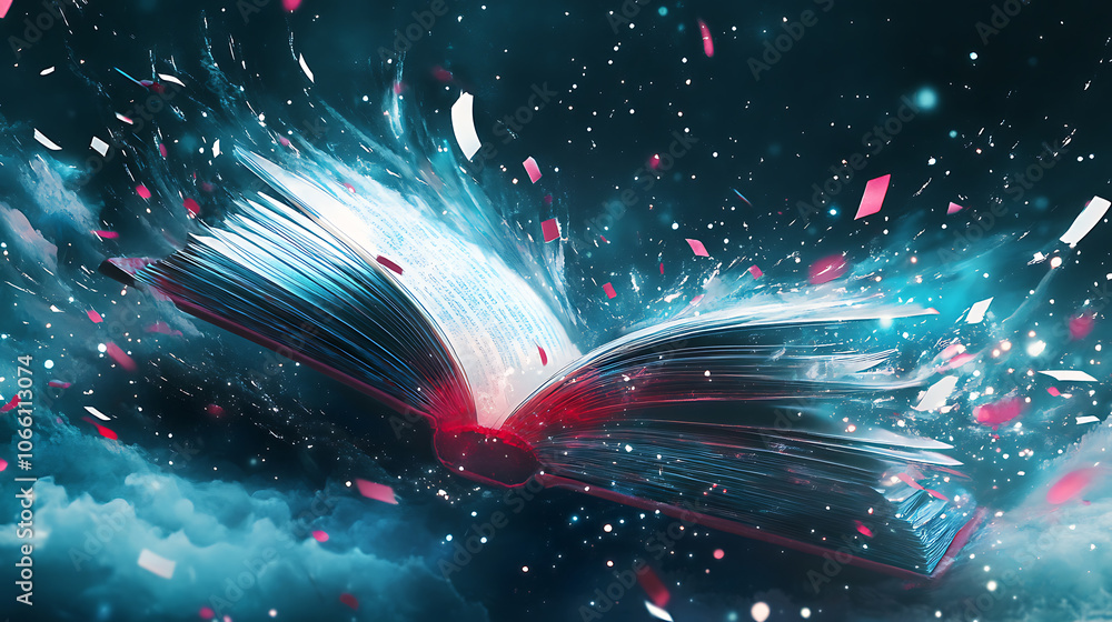 Poster open book with flying pages and magical light rays on dark background generative ai concept digital painting