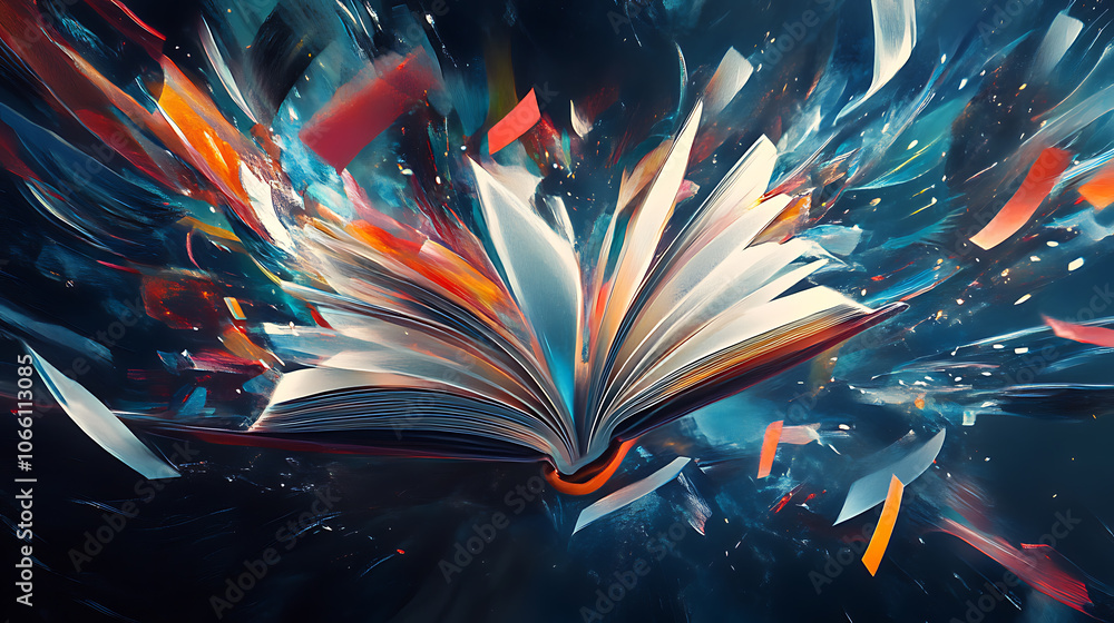 Poster open book with flying pages and magical light rays on dark background generative ai concept digital painting