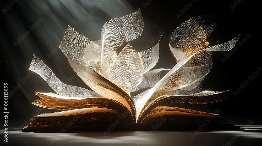 Poster open book with flying pages and magical light rays on dark background generative ai concept digital painting