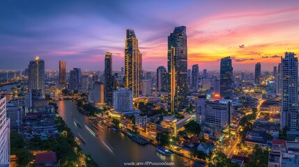 Fototapeta premium Illuminated Bangkok Cityscape with River and Sunset Sky