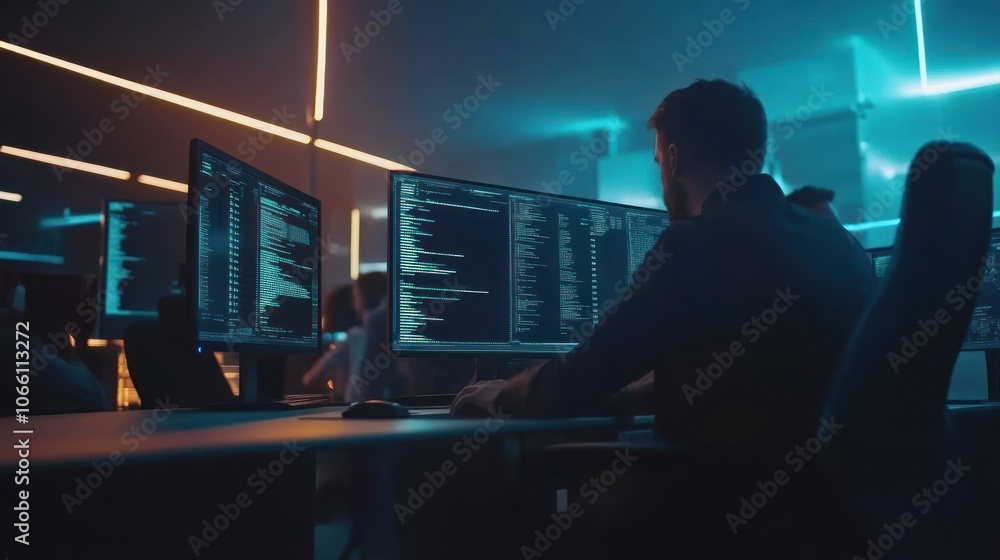 Poster Hacker Working Late at Night on Multiple Computer Screens with Green Code