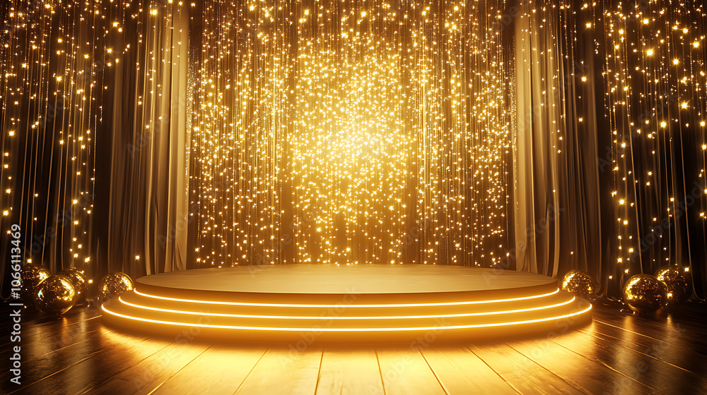 Poster luxurious empty stage podium with shiny gold background and glowing lights 3d rendered backdrop
