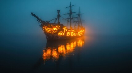Fototapeta premium A Glowing Ship in a Misty Sea at Dusk