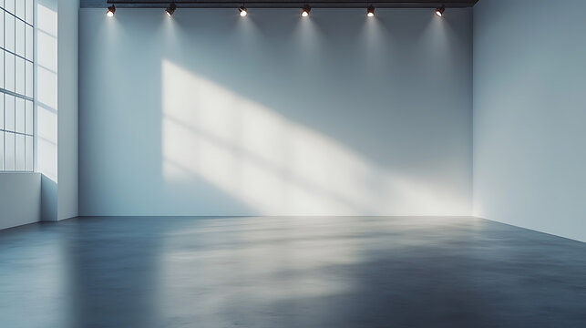 minimalist studio setup with a smooth grey floor seamlessly transitioning into a white cyc wall dramatically lit by overhead spotlights creating a subtle gradient effect