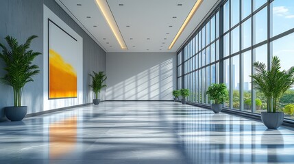 Fototapeta premium Modern office hallway with large windows and artwork.