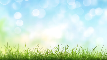 Fototapeta premium idyllic spring meadow with lush green grass and blue sky abstract bokeh background