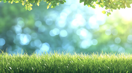 Obraz premium idyllic spring meadow with lush green grass and blue sky abstract bokeh background