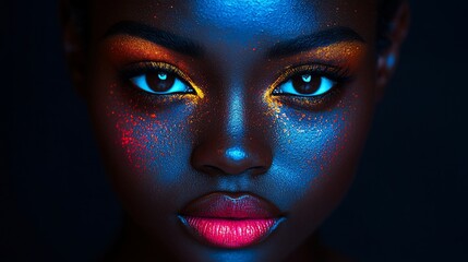 Close-up portrait of a woman with colorful neon makeup on her face.