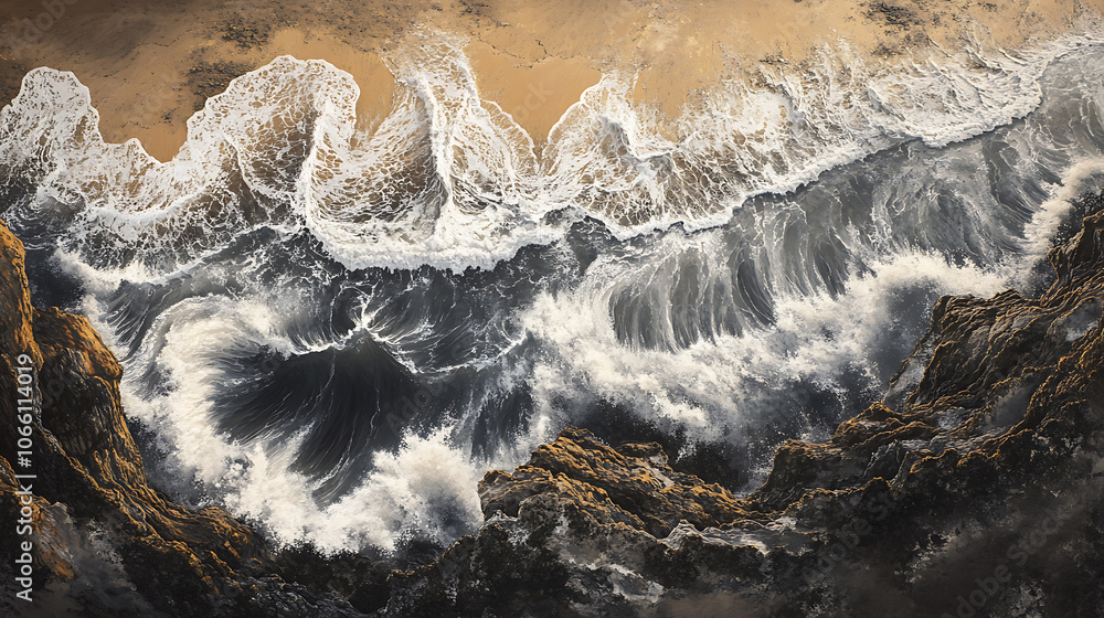 Aufkleber dramatic aerial view of rugged coastline where turbulent ocean waves crash against weathered rocky cliffs creating mesmerizing patterns of foam and spray