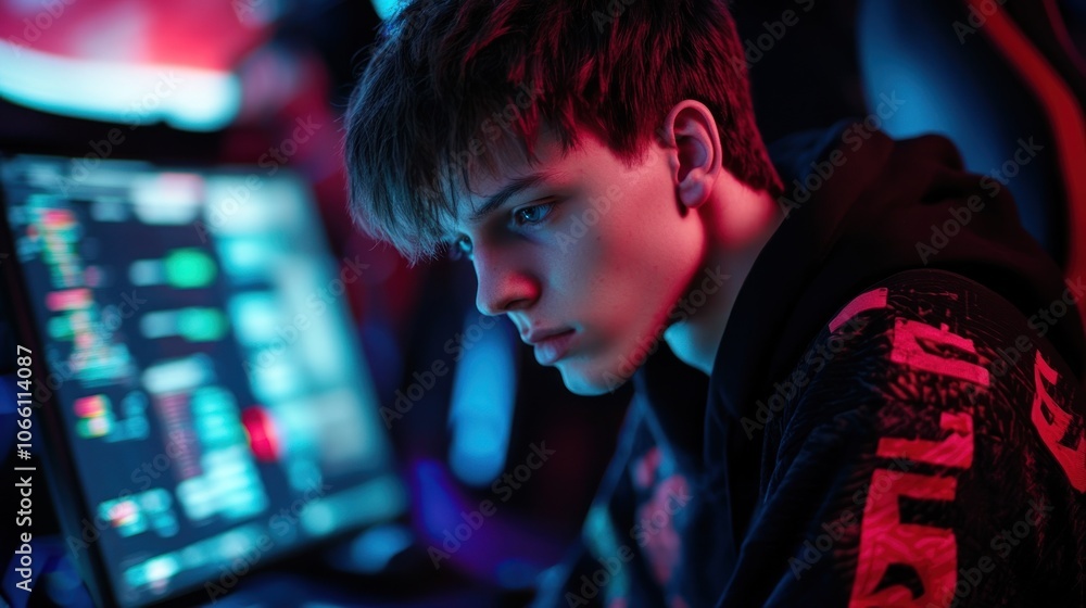 Poster close-up of a young man focused on a computer screen