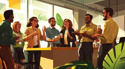 A lively office team celebration filled with smiles, laughter, and recognition for hard work. Illustrations