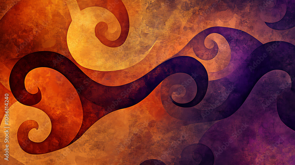 Poster abstract textured background with rich autumnal hues swirling patterns of deep orange brown and purp