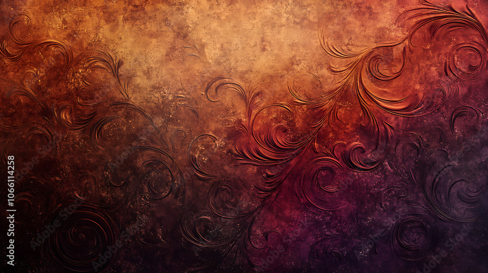 Poster abstract textured background with rich autumnal hues swirling patterns of deep orange brown and purp