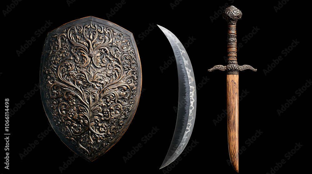Poster A shield and a keris with an elaborately carved handle and wavy blade, presenting a unique design