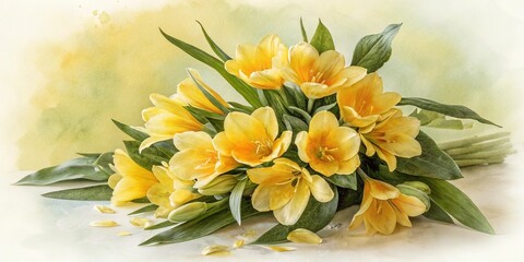 Obraz premium A vibrant bouquet of delicate yellow flowers with green foliage, artfully arranged on a light-colored background with soft watercolor effects, evoking a sense of springtime joy.