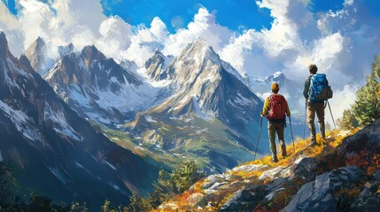 Obraz premium Adventurers trekking through rugged mountain terrain, enjoying breathtaking views. Illustrations