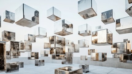 A captivating collage of varying-sized translucent cubes creates a complex interplay of reflections and shadows, evoking a sense of depth in a striking monochrome palette.