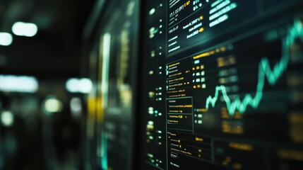 Closeup of a Stock Market Display with a Green Upward Trend Line