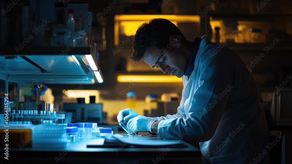 Poster A Scientist Working in a Laboratory, Focused on Examining a Sample