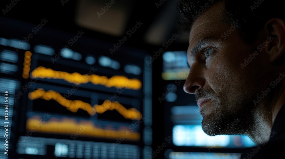 Poster Man Looking at Stock Market Data on Computer Screen