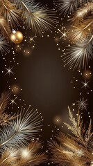 Beautiful golden Christmas decorations with pine branches adorn a dark brown background, providing a perfect festive setting for your designs
