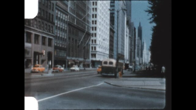 Looking Up Michigan Avenue 1957 - Looking north on Michigan Avenue from the intersection with Van Buren Street, in Chicago, Illinois in 1957.