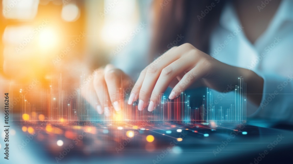 Poster woman's hand interacting with digital data visualization on a tablet