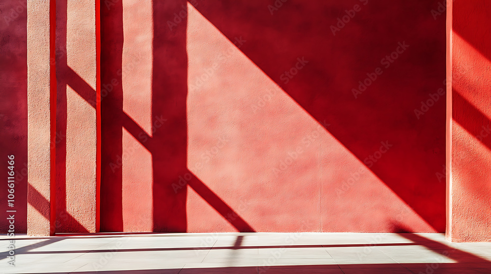 Fototapete Empty red textured wall close up with shadows, Sparse texture and background
