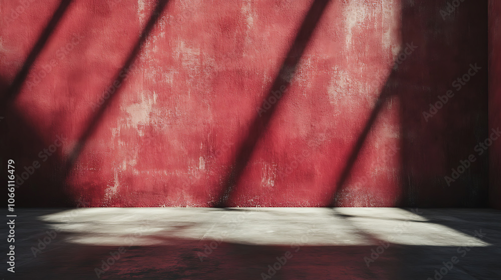Fototapete Empty red textured wall close up with shadows, Sparse texture and background