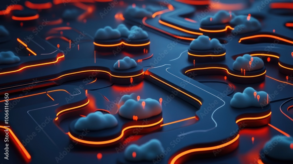 Aufkleber abstract 3d render with glowing orange lines and white clouds