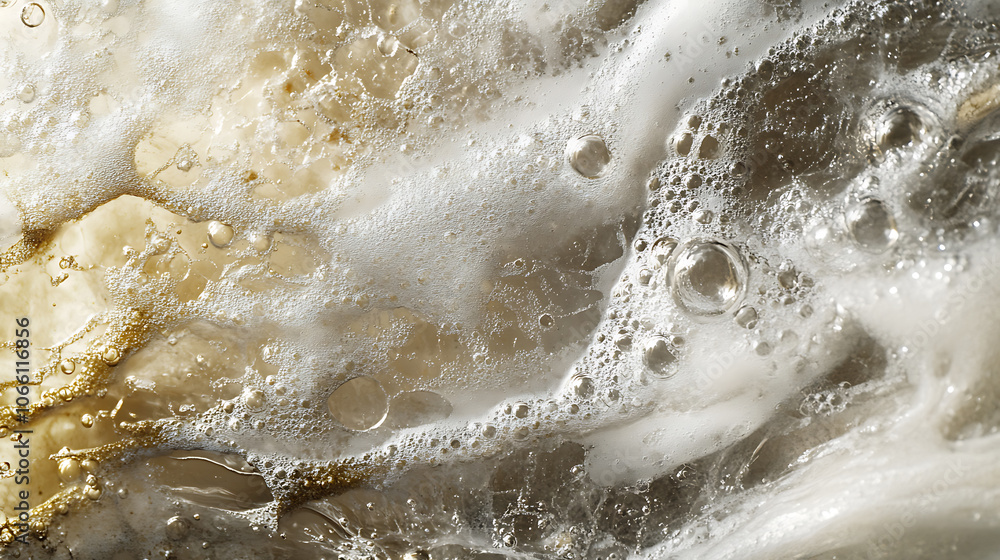 Poster blurred desaturated transparent clear calm water surface texture with splashes and bubbles, trendy a