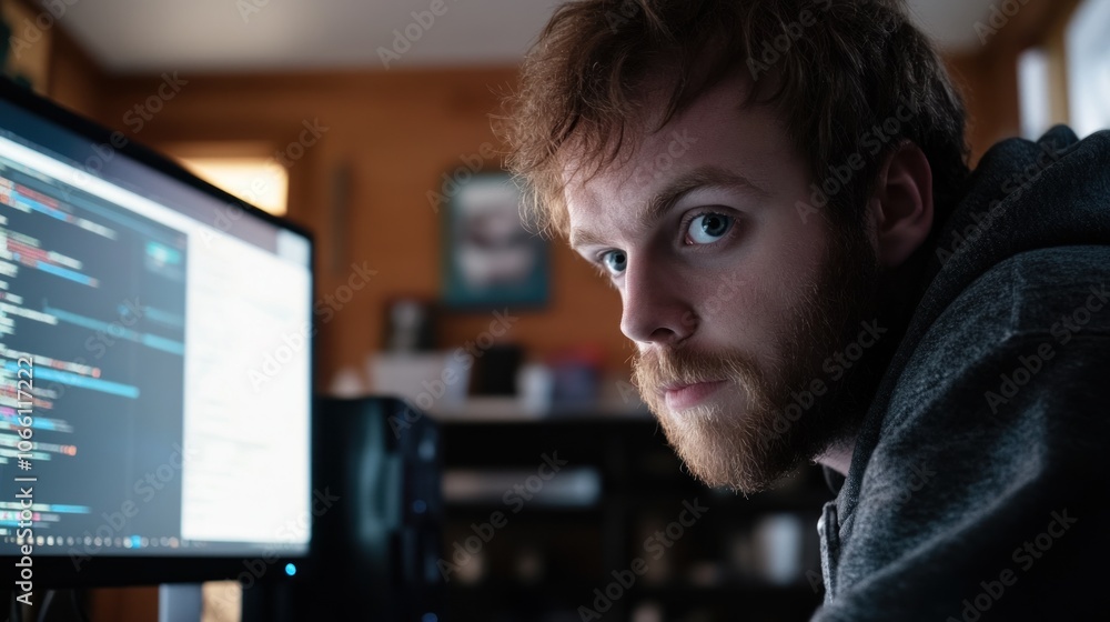 Poster A Close-Up of a Bearded Man Looking at a Computer Screen