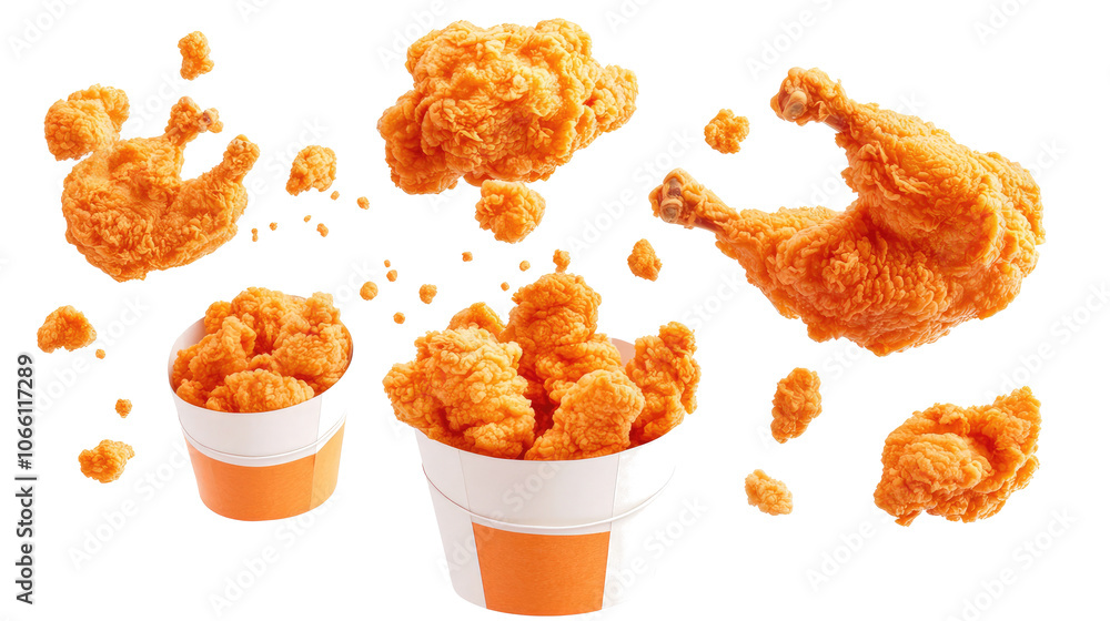 Poster flying fried chicken in paper buckets against a transparent background generative ai