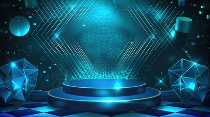 Abstract Geometry Blue Background Podium - a striking and contemporary visual. The blue background and geometric shapes create a dynamic and artistic atmosphere.
